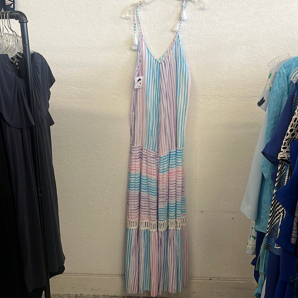 BINDU Angelica Size Small Turquoise and White Striped Maxi Dress Sundress - Picture 3 of 9